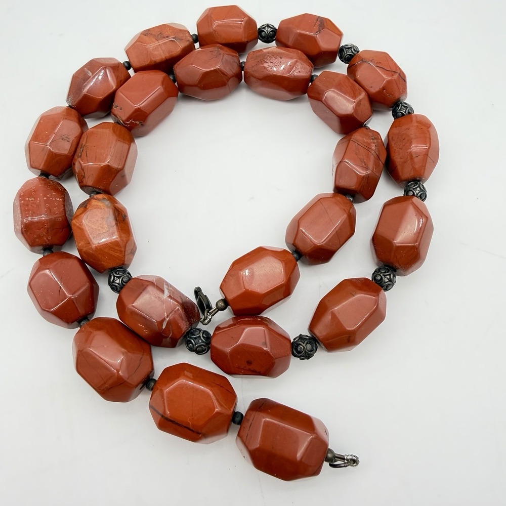 Vtg Sterling Silver Red Jasper Necklace Chunky 70s Statement‎ Burnt Orange Rust